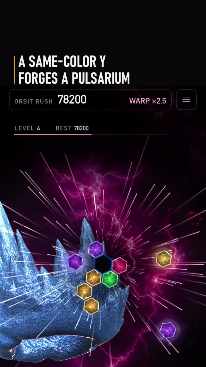 Still from the clip: How do you make this blast?
Four same-color pieces in a Y forge a Pulsarium. Double-tap it and the Gravity Pulse blasts everything within two hexes.