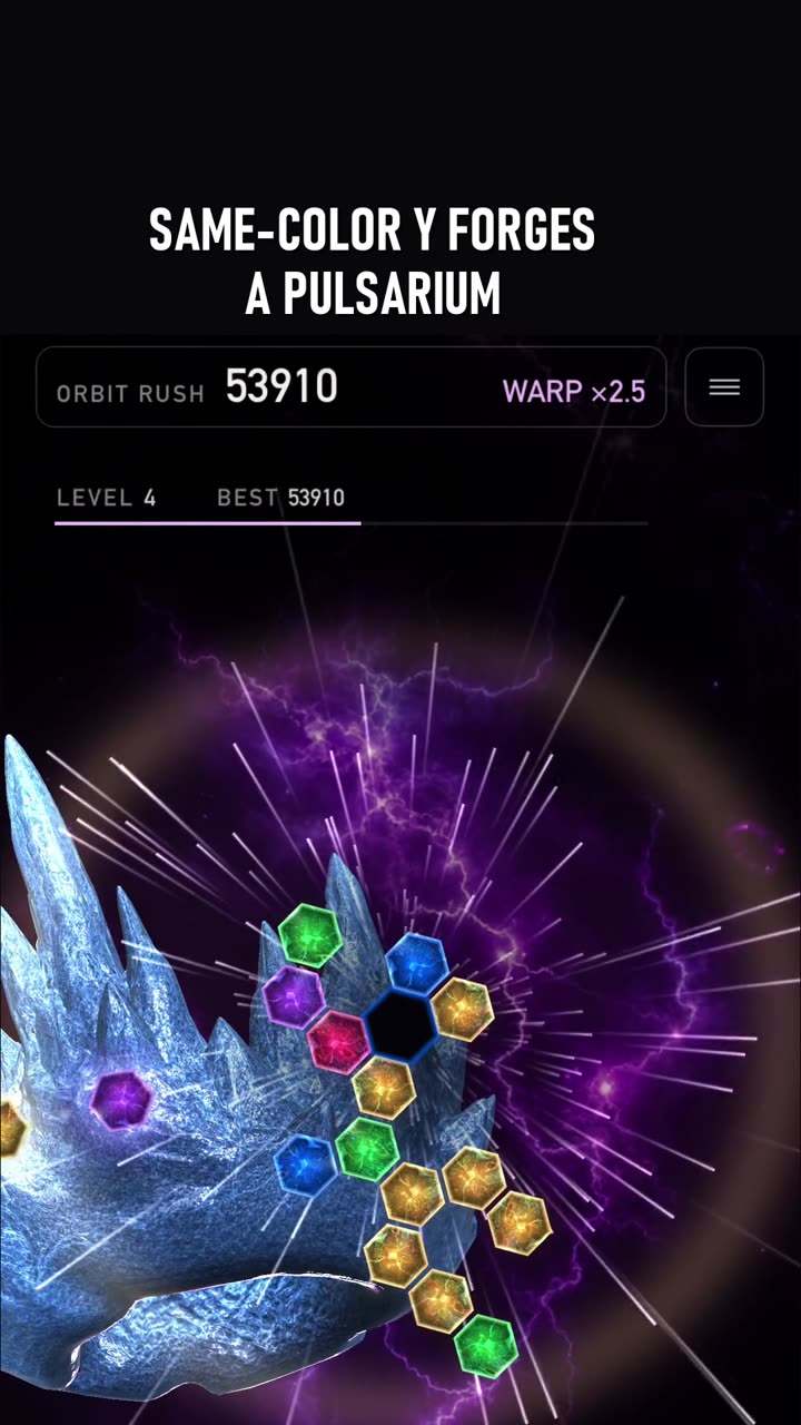 Still from the clip: How did one double-tap score 6,000?
Four same-color pieces in a Y forge a Pulsarium. A double-tap fires its Gravity Pulse within two hexes.
