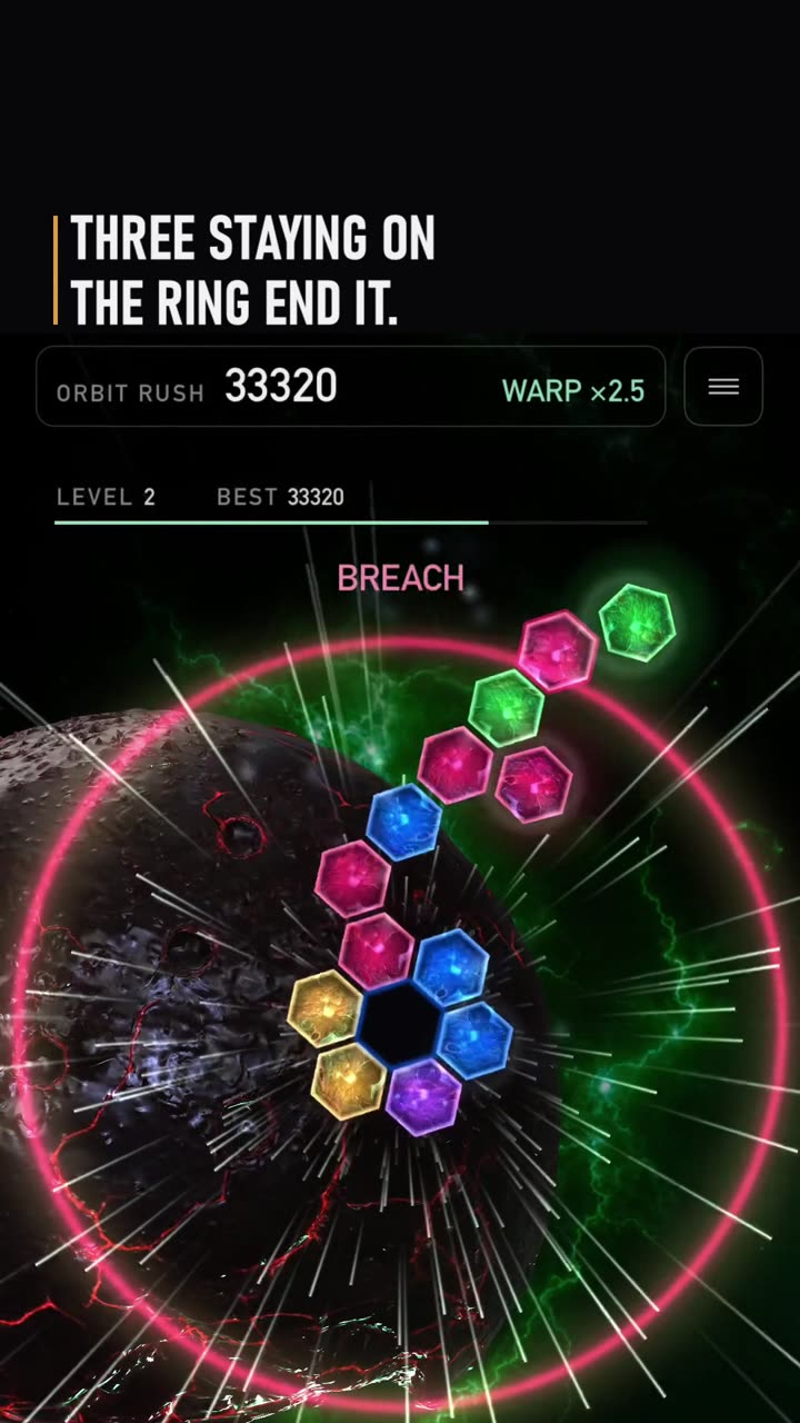 Still from the clip: How do you save this board?
Three pieces left on the pink ring too long end the game. Pop them off in time and the board lives.