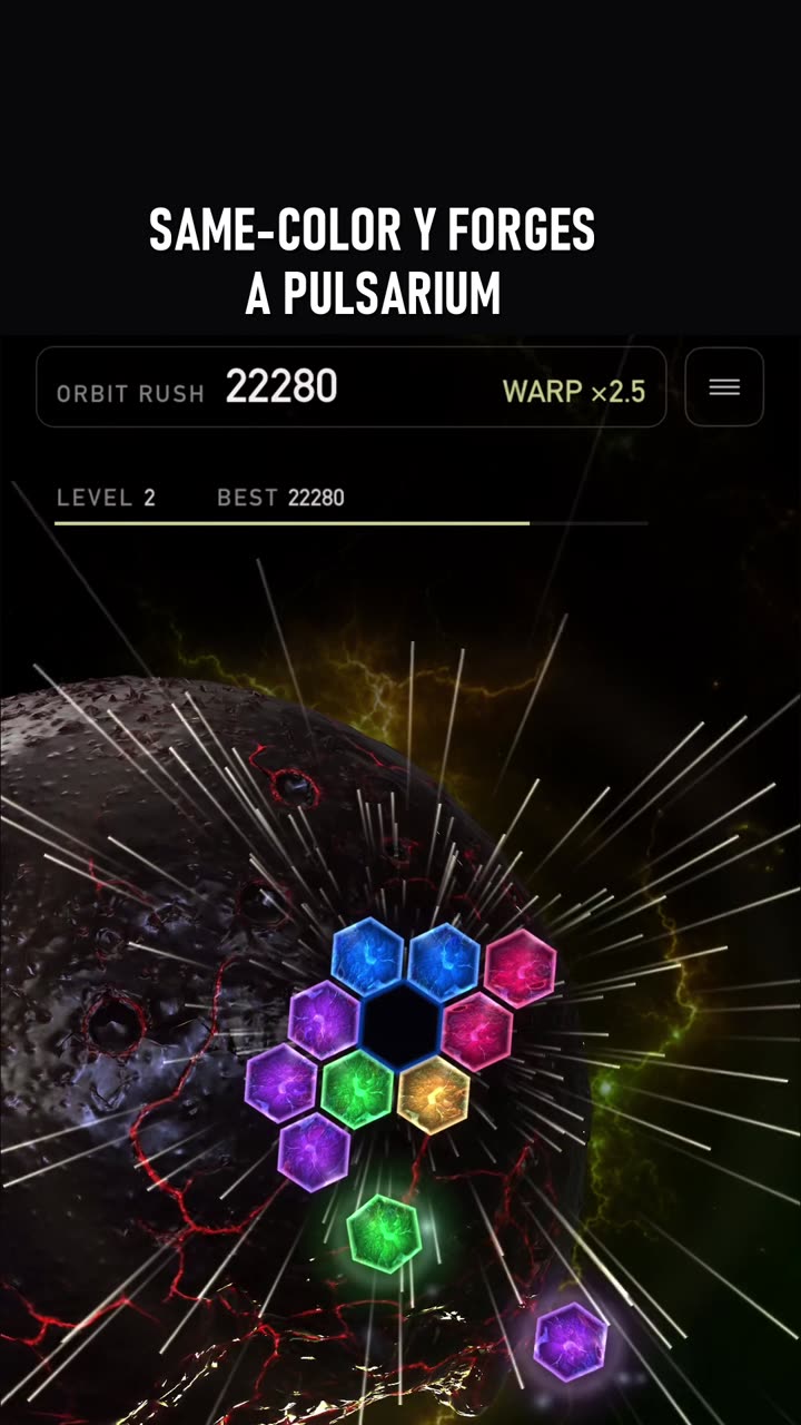 Still from the clip: How did one double-tap score 9,600?
Four pieces of one color in a Y make a trefoil. It forges a Pulsarium. Double-tap it and the Gravity Pulse blasts everything within two hexes.