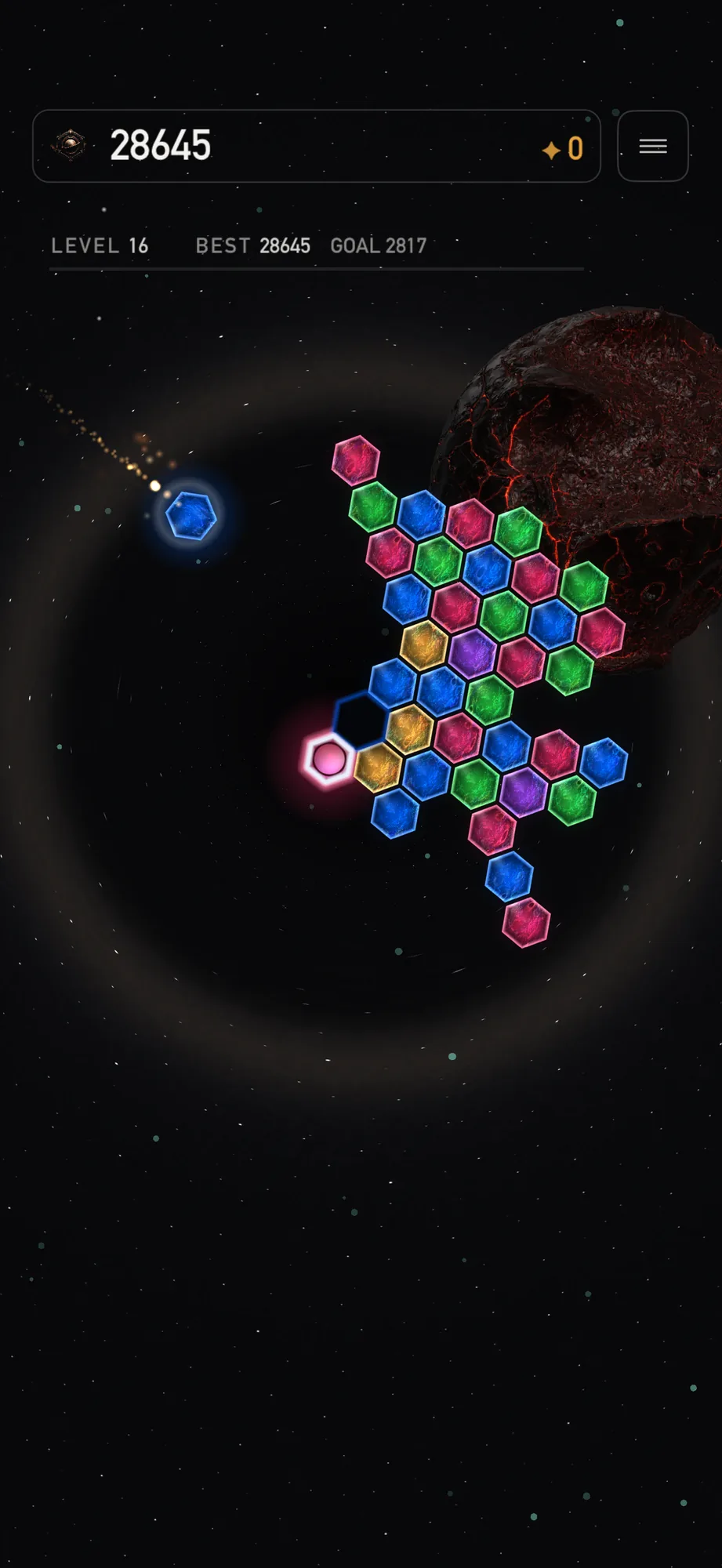 Singularity gameplay with a molten asteroid behind the hex field